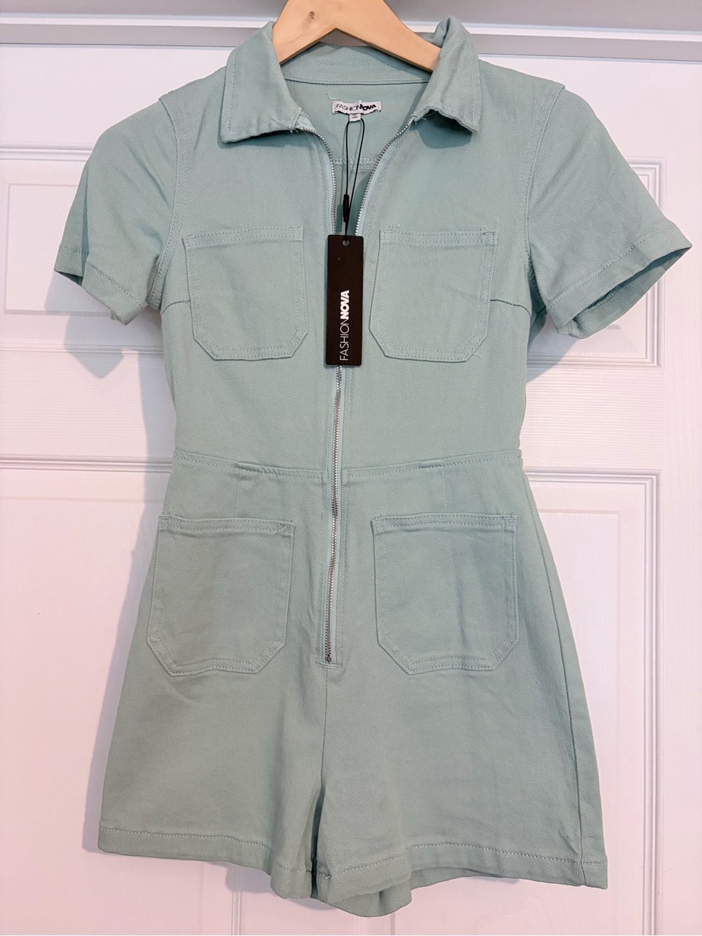 Fashion Nova Mint Green Short Sleeve Zip Romper